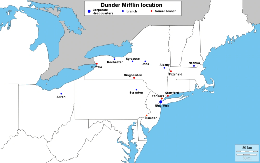 Map showing all Dunder Mifflin office locations, highlighting the New York branch as the company’s headquarters.