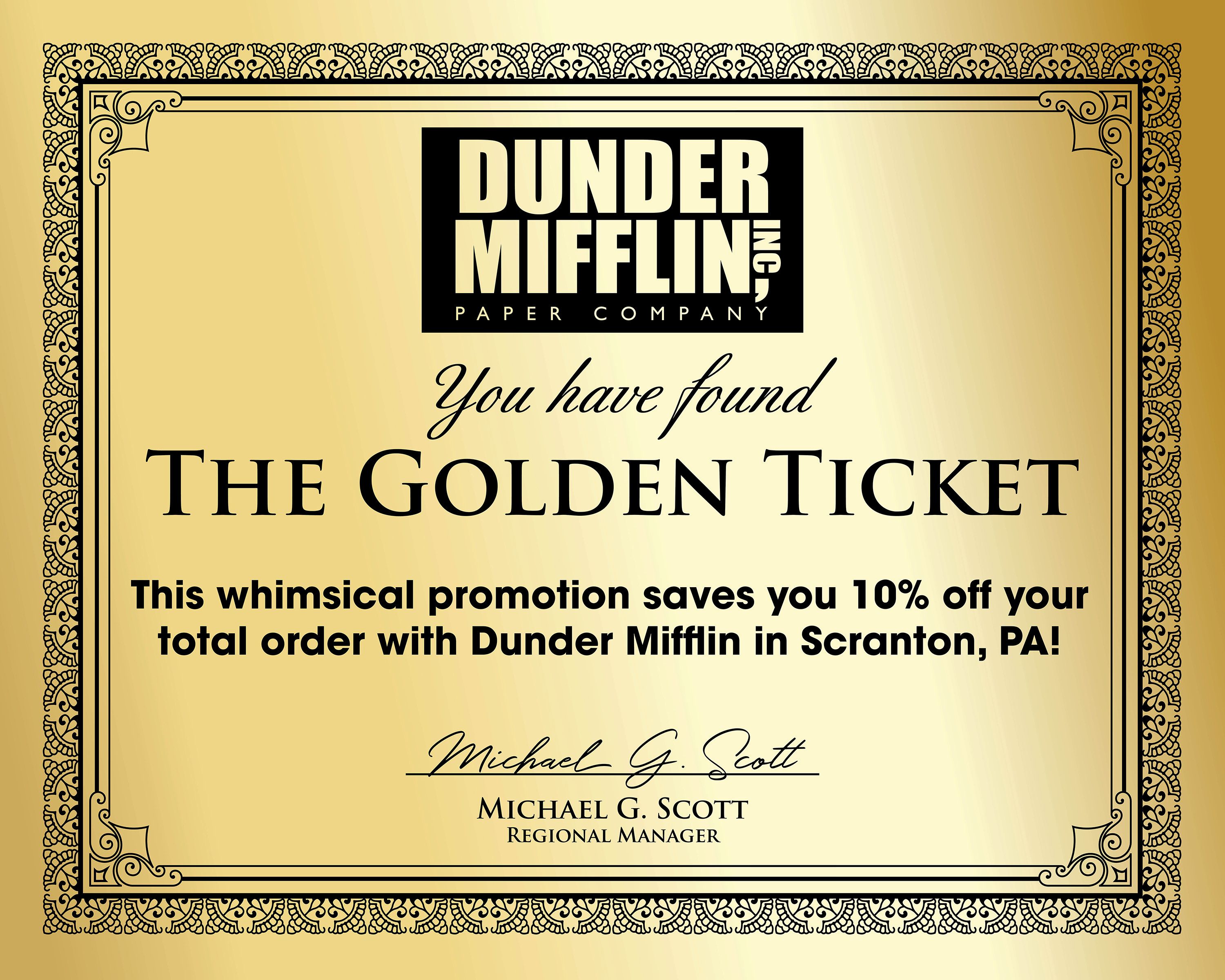 A highly exclusive Golden Ticket hidden in Dunder Mifflin paper reams.