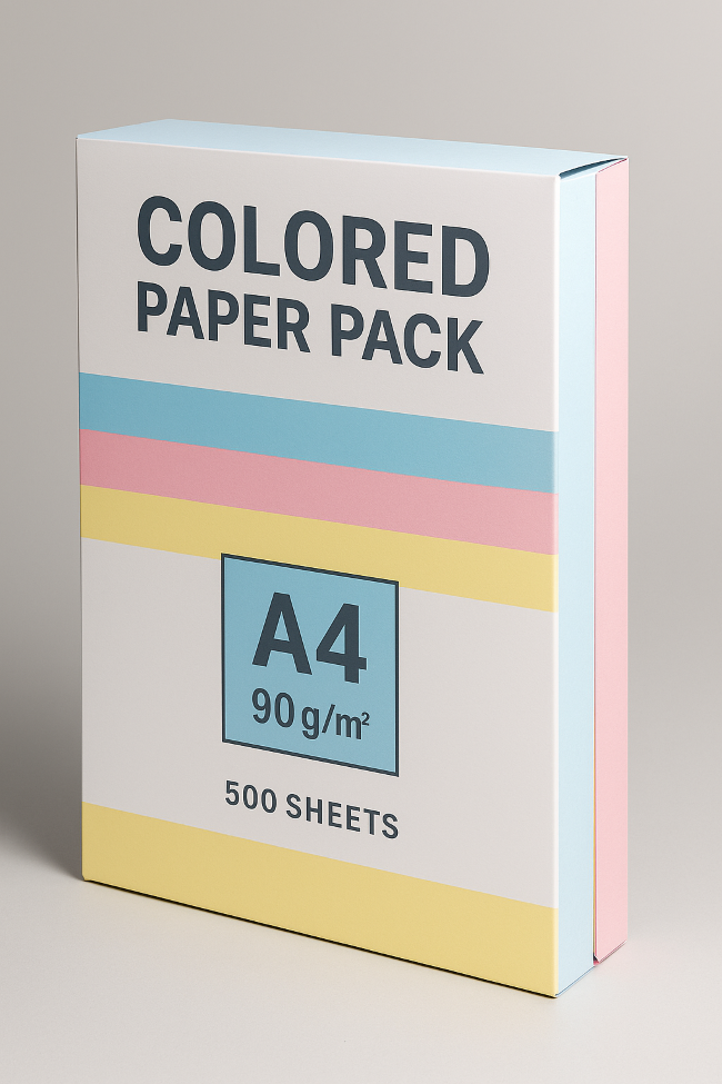 A pack of A4 colored paper in blue, pink, and yellow, 90g.