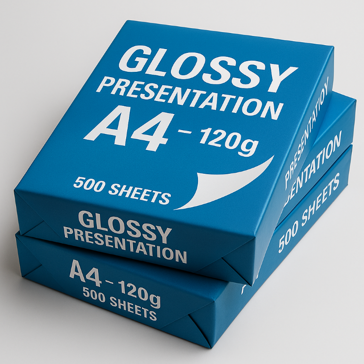 Glossy white A4 paper, 120g, ideal for professional presentations and handouts.