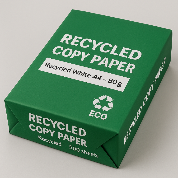A ream of 500 sheets of 80g recycled white paper for sustainable printing.